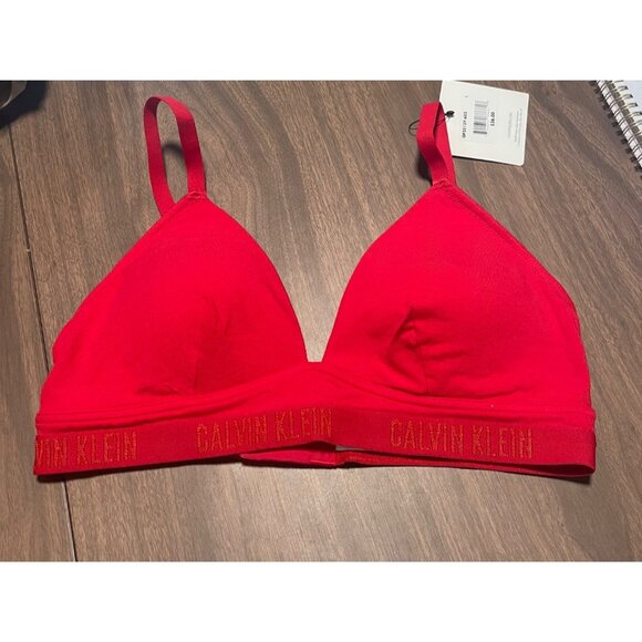 Calvin Klein Lightly Lined Triangle Wirefree Bra Size Large Red Cotton Blend - Picture 1 of 7